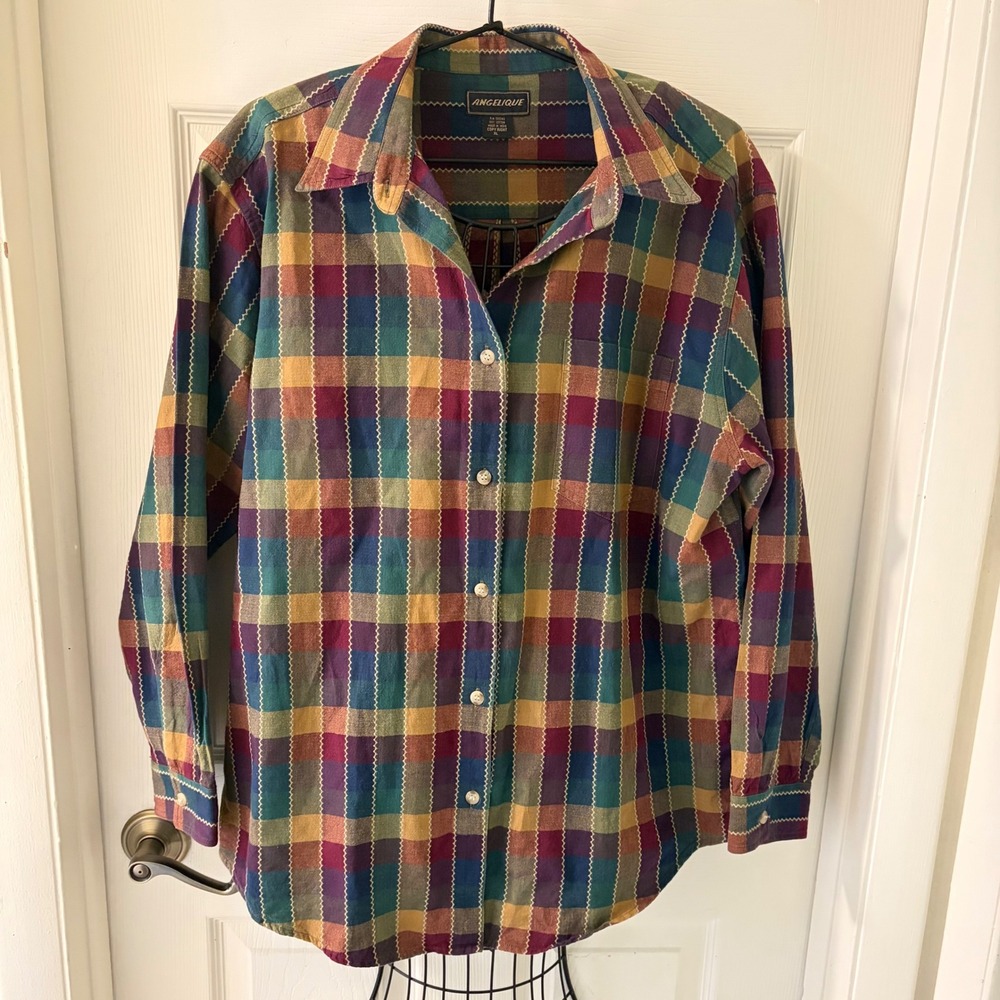 Angelique XL 100% Cotton Patchwork Plaid Button Up Shirt Womens Colorful 90s